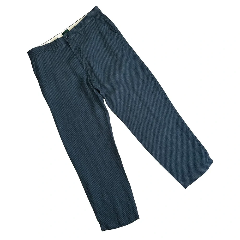 J Crew Oarsman 100% Linen Pants Straight Leg Stripe Beach Men Fits 36x31.5 Blue